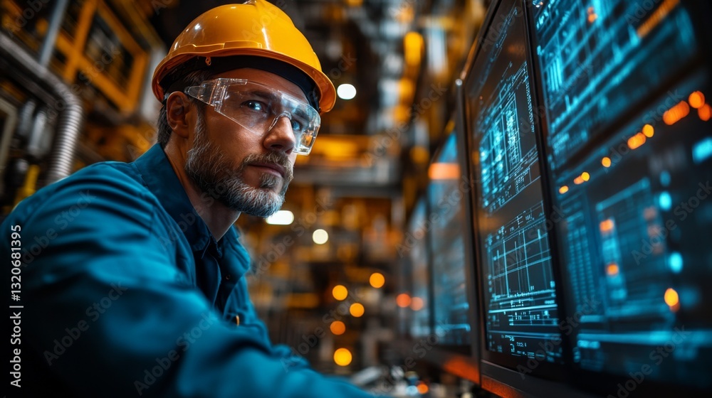 Poster A professional engineer focuses intently on multiple screens in a modern petrochemical facility, overseeing automation and data management processes critical for production and efficiency.