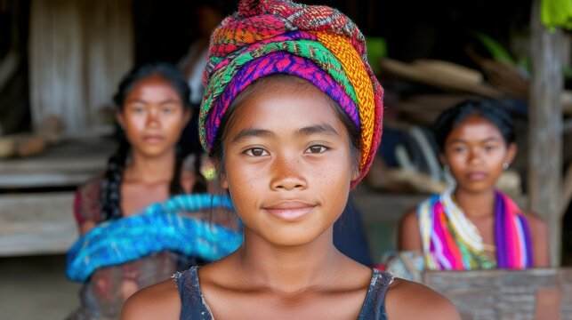 A girl wearing a colorful scarf is smiling