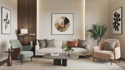 Modern Living Room Interior Design:  Neutral Tones and Abstract Art