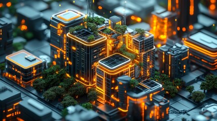 futuristic glowing mini 3d isometric eco smart  architecture building landscape model