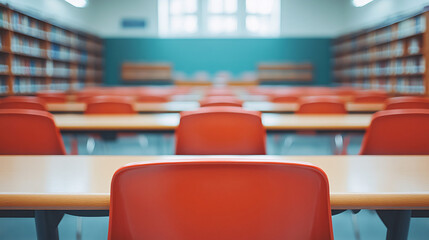 blurred classroom with red chairs and bookshelves creates focused yet serene atmosphere for learning. arrangement invites students to engage in study and exploration