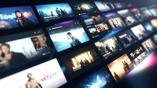 Streaming service interface showing multiple movie and TV show thumbnails, digital entertainment platform interface with dark background, content selection screen