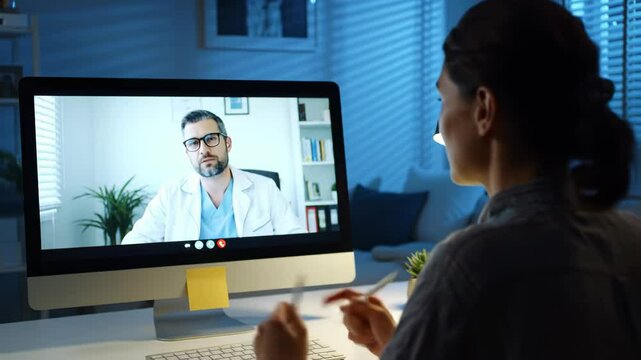 Woman having online medical consultation with doctor, virtual healthcare appointment from home, digital health technology and telemedicine services