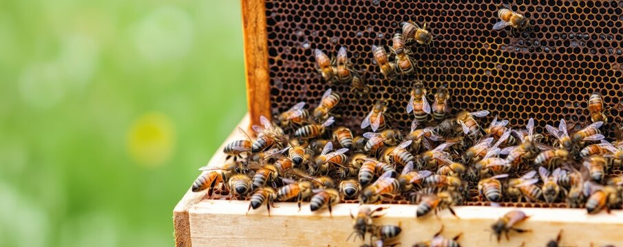 Ecological impact sustainability recovery concept. Close-up of bees working on honeycomb in a beehive.