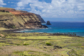 Moai statues in the Rano Raraku Volcano in Easter Island, Rapa Nui National Park, Chile