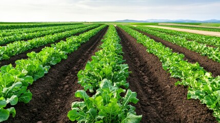 Ecological impact sustainability recovery concept. Lush green vegetable fields under a clear sky.
