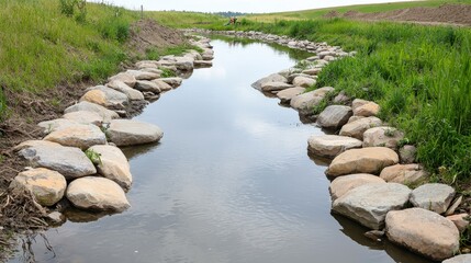 Ecological impact sustainability recovery concept. Calm stream bordered by stones and lush greenery.