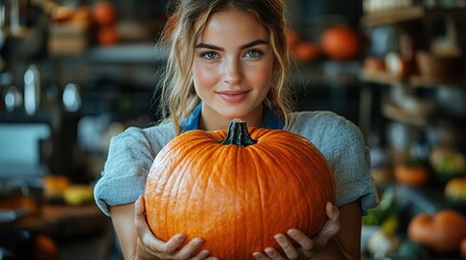 In a modern kitchen, a female chef in a blue apron holds a large orange pumpkin, preparing a delicious autumn recipe.