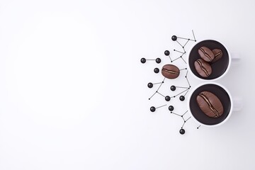 Obraz premium Two cups of coffee with coffee beans and a molecular structure