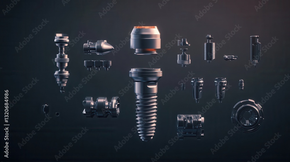 Poster Detailed 3D render of a dental implant exploded view showcasing all components against a gradient background