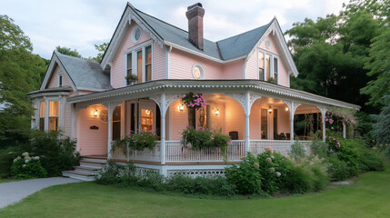 Victorian-style house with a wraparound porch and hanging flowers