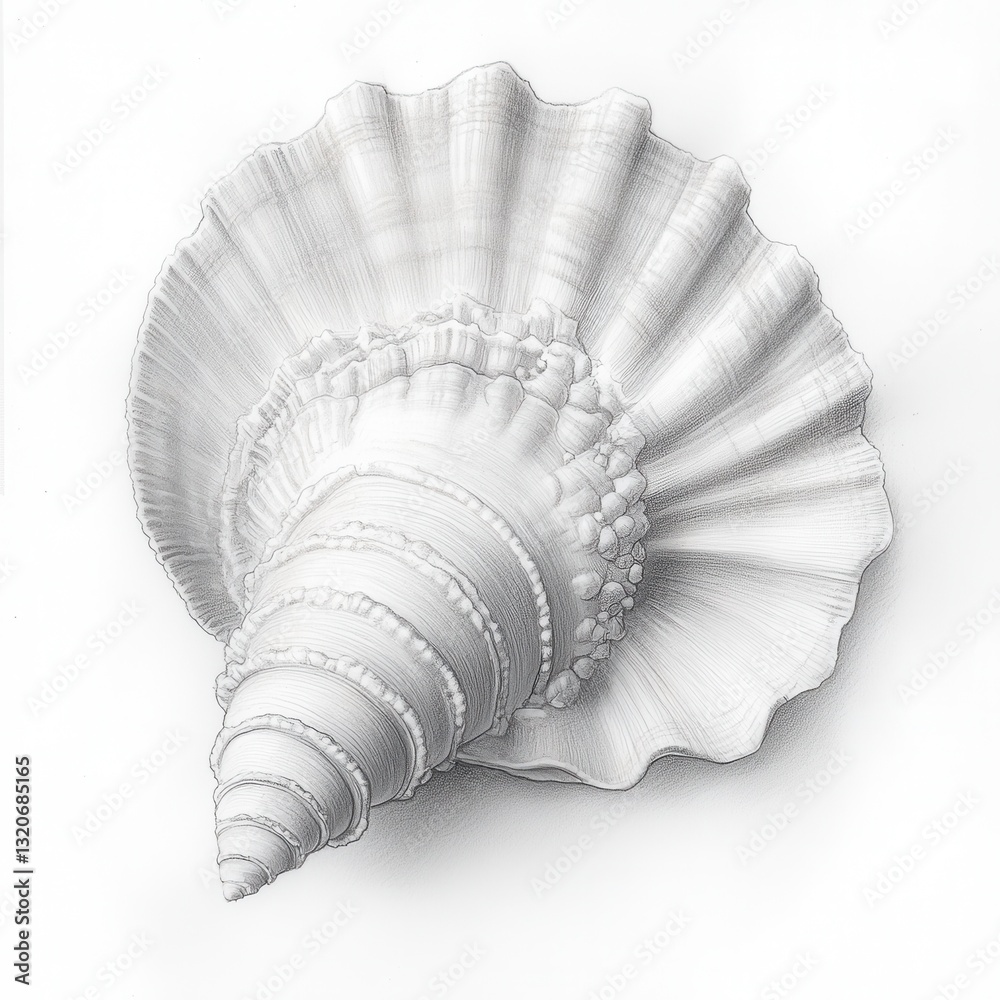 Poster Intricate seashell with a shimmering pearly interior drawn in detail on a plain background