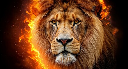 Fototapeta premium Fiery Lion: Majestic Portrait in Flaming Embrace