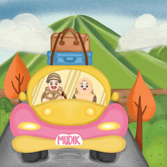 Happy Mudik Homecoming - Family Road Trip to the Village - Eid Holiday Travel Illustration