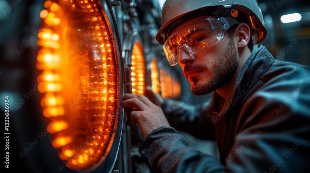 Fototapete a skilled operator inspects illuminated control panels in a steel manufacturing facility. the warm l