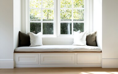 White window seat with built-in storage and cushions, bathed in sunlight. Natural light streams through the window, illuminating the room. 