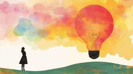 Inspiring woman gazing at giant light bulb in colorful landscape