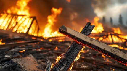 Burning cross-shaped wood planks amidst a fire, Intense flames engulf a structure in background.