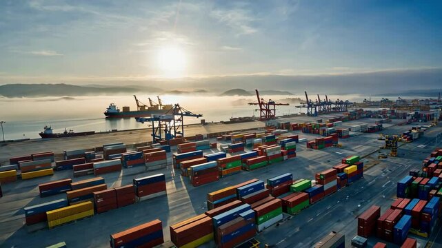 Aerial Hyperlapse of Busy Cargo Port and Shipping Containers