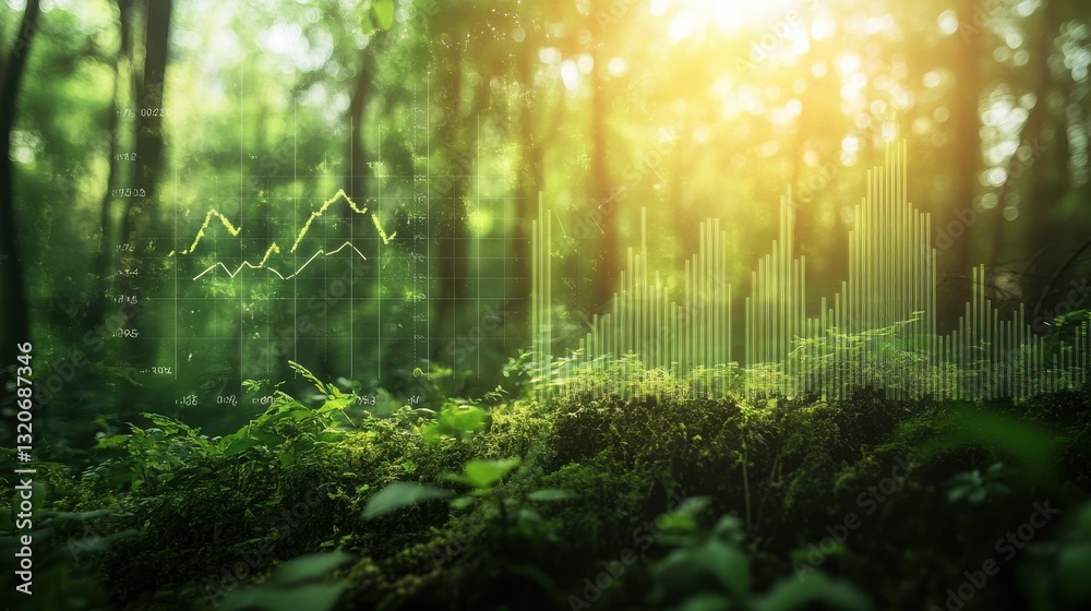 Poster tranquil forest with digital data overlays showcasing nature and technology in harmony during golden