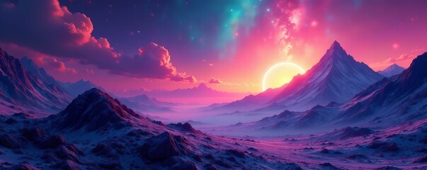 Surreal cosmic landscape with rainbow colors and glowing atmosphere, landscape, cosmos, surreal