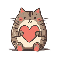 Sitting Cartoon Cat Holding a Heart — Full-Body Vector Funny Childish Cartoon Illustration