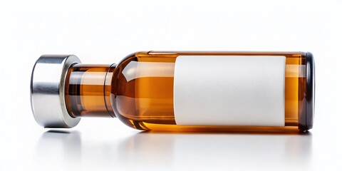 Amber Glass Vial with Blank White Label, Isolated on White Background - High-Resolution PNG Stock Photo