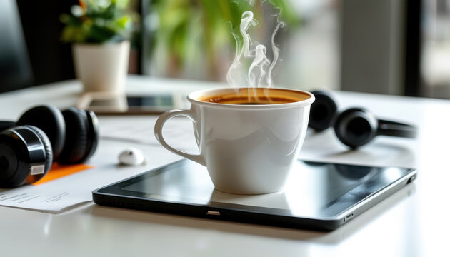Paper cup of hot coffee on tablet with copy space for office or home workspace inspiration. white kitchen office