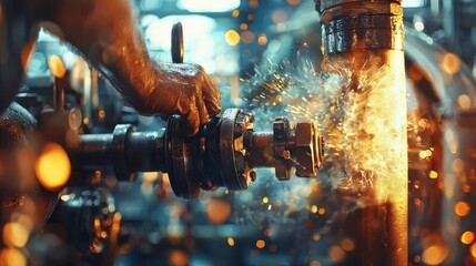 Industrial hand repairing a high-pressure pipe with sparks flying in a dimly lit mechanical workshop filled with equipment and energy