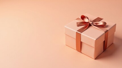 Obraz premium A delicately wrapped present, a blush pink gift box adorned with a copper ribbon bow, sits elegantly on a matching pastel surface.