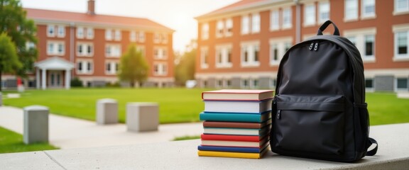 Back to school concept with backpack and stack of books on campus with copy space