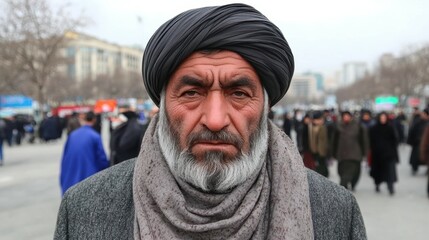 A man wearing a turban and scarf stands in front of a crowd