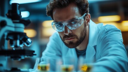 A laboratory technician in a white lab coat and safety goggles focuses intently on adjusting a microscope while analyzing various chemical samples.