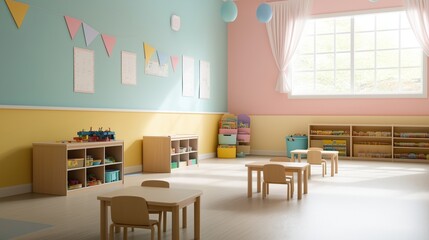 Colorful and inviting kindergarten classroom with wooden tables, decorations, and educational toys....