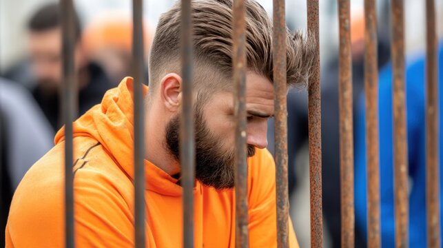 Bearded man in orange hoodie looking down behind metal bars, distressed and contemplative in a crowd.