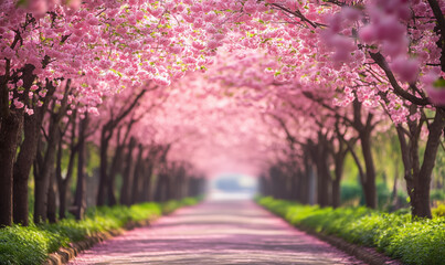 long cherry blossom avenue in spring season with pink blossoms