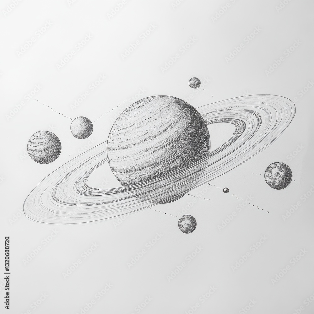 Poster detailed pencil sketch representing a solar system model showcasing planets and rings in a creative 