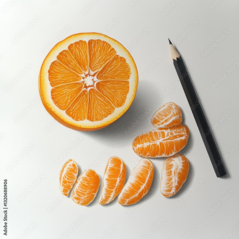 Aufkleber juicy peeled orange with neatly separated segments displayed alongside a pencil on a plain backgroun