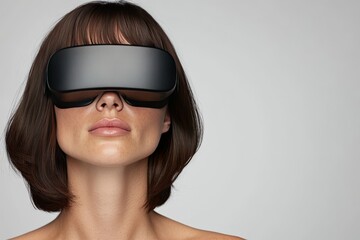 Elegant woman with sleek dark hair wearing high tech black VR headset in futuristic setting capturing immersive digital transformation experience