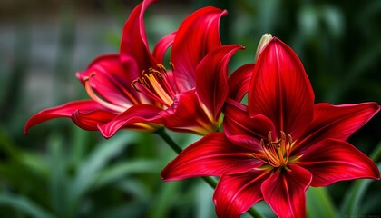 Three large, dark red lilies in full bloom, tepals spread wide, showcasing nectaries, plant photography, large
