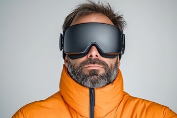 Middle aged man with stylish beard wearing modern black VR headset and insulated orange jacket in futuristic setting exploring immersive technology trends