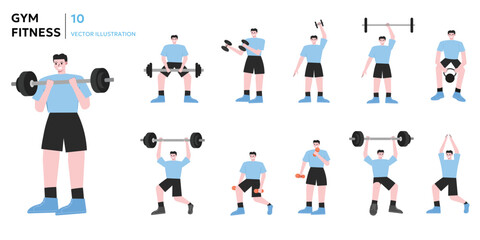 Gym fitness set of illustration. Vector illustration of weigh lifting, dumbell, building muscle, squat, deadlift. Flat design vector illustration isolated on white background