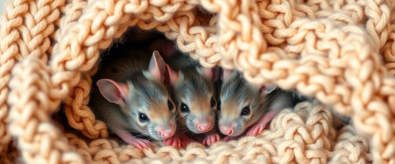 Tiny rats snuggled together under a soft, chunky knit blanket, rodents, affection