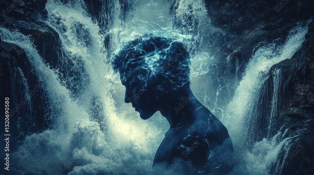 Poster mysterious profile of a man blended with cascading water and mystical energy at twilight