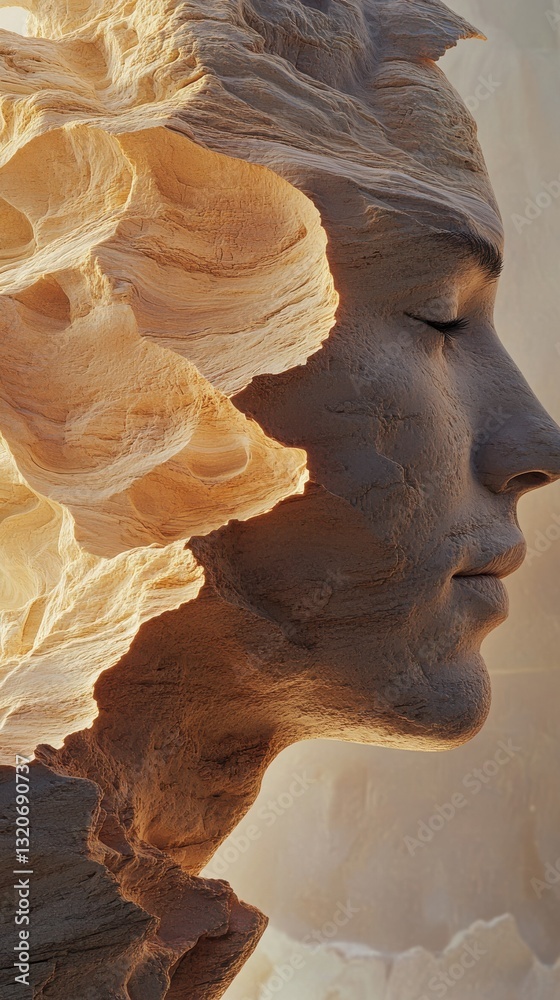 Poster Mystical profile of a man blended with swirling sands in a serene landscape at dawn