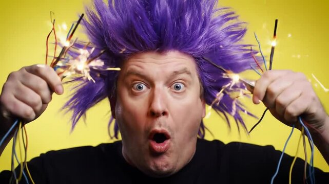 Man with purple spiked hair pulling electric cables with shocked expression, concept of electric shock and chaos, humorous technology fail