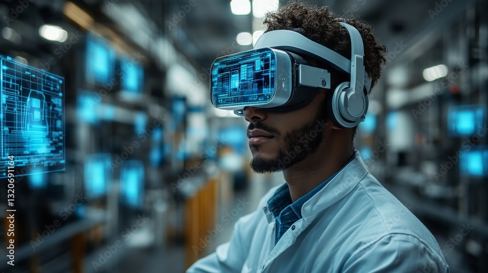 Poster A professional wearing virtual reality gear is immersed in digital simulations, optimizing manufacturing processes in a high-tech factory focused on automation and engineering.