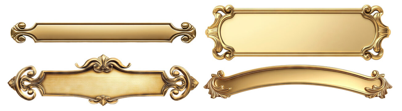 Set of golden nameplates with vintage designs, isolated on transparent cutout background