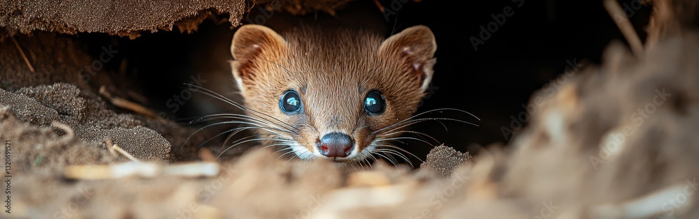 Poster close-up view of a weasel peering from its burrow in natural habitat during daylight hours