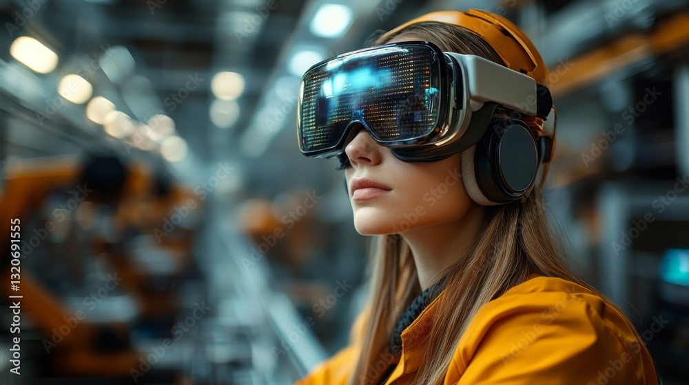 Poster in a contemporary factory, a female engineer utilizes virtual reality technology to engage in an aut